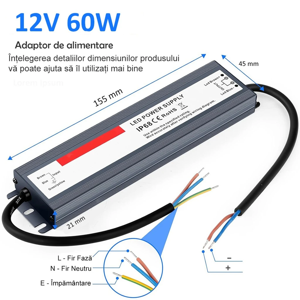 Switching Power Supply Slim, Outdoor IP68, 12V, 5A, 60W