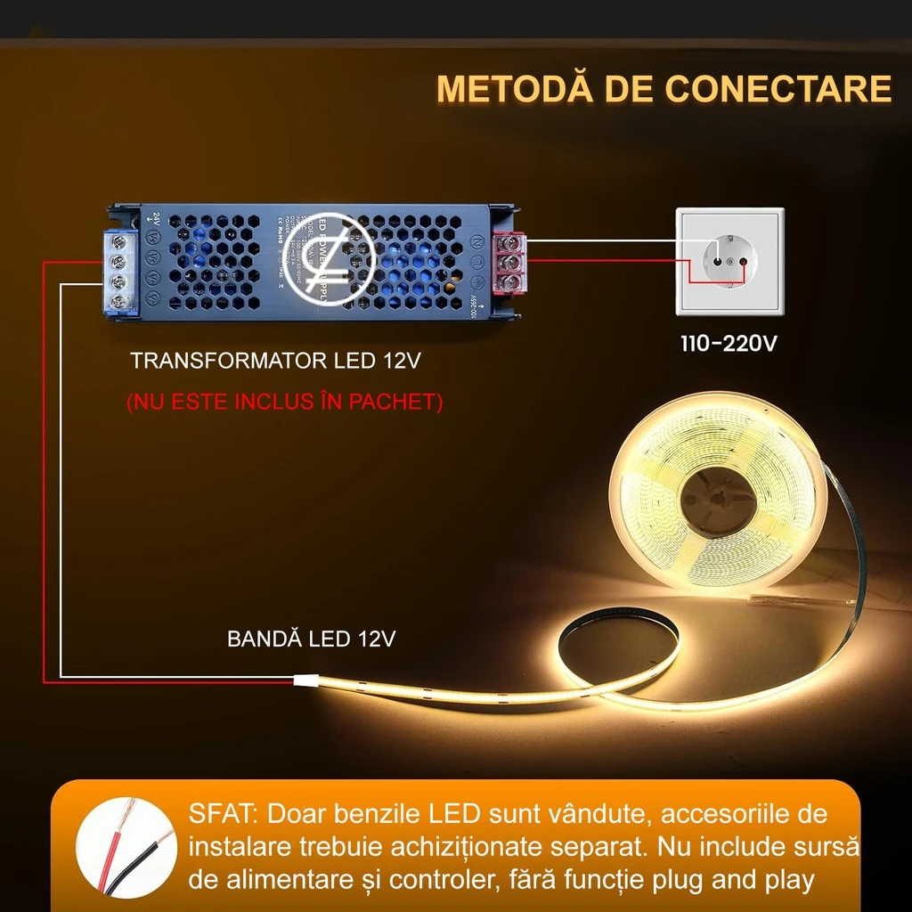 12V COB LED Strip Light – 528 LEDs/m – 3000k – IP20 – 10mm – 5m Roll