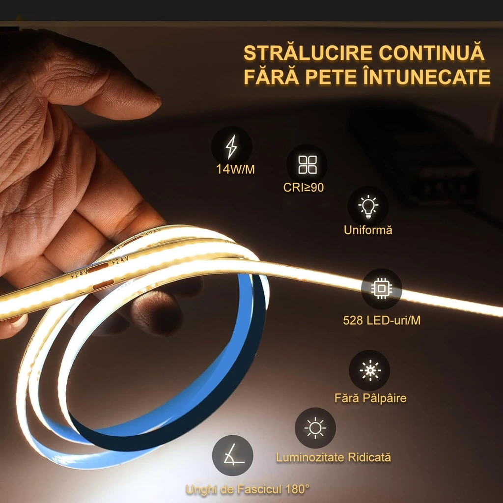 12V COB LED Strip Light – 528 LEDs/m – 3000k – 10mm – IP65 – 5m Roll
