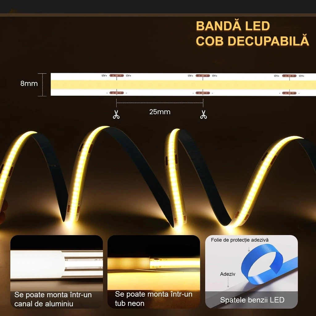 12V COB LED Strip Light – 528 LEDs/m – 3000k – 10mm – IP65 – 5m Roll