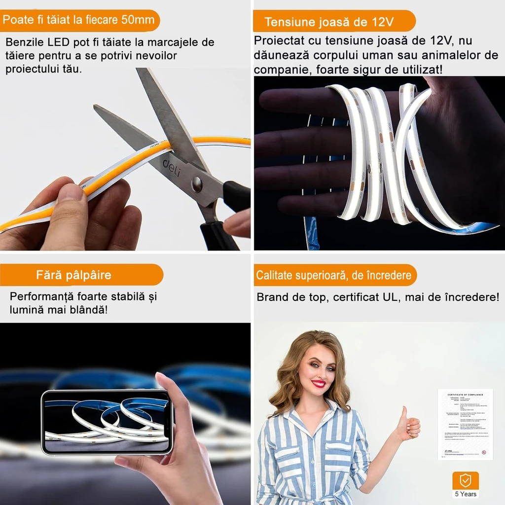 12V COB LED Strip Light – 528 LEDs/m – 6500k – 10mm – IP65 – 5m Roll