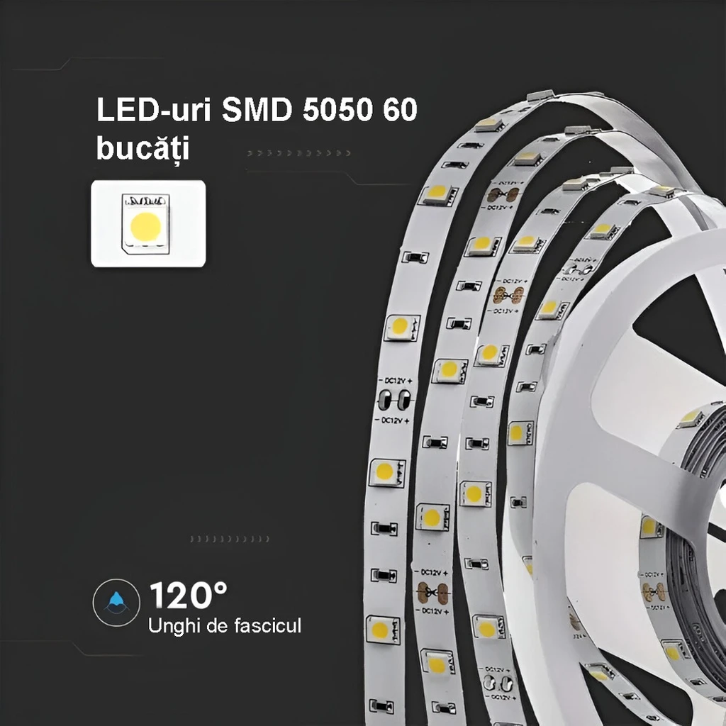 12V LED Strip Light – 60 LEDs/m – SMD5050 – 3000K – IP20 – 10mm – 5m Roll