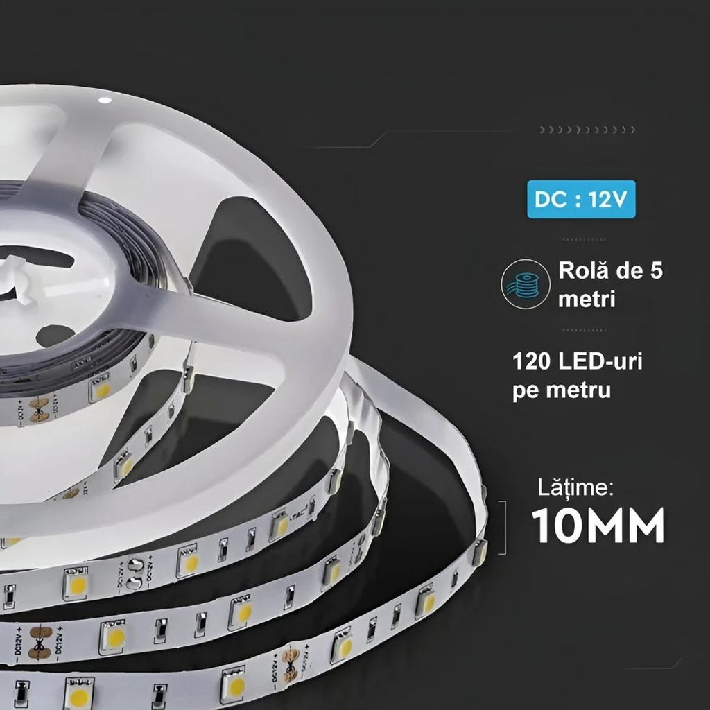 12V LED Strip Light – 120 LEDs/m – SMD5050 – 10mm – 3000k – IP20 – 5m Roll