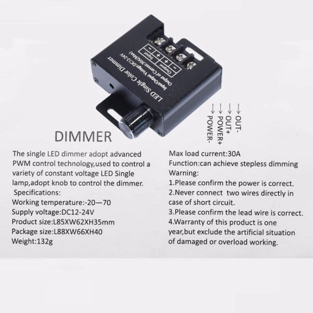 Single Color LED Dimmer – 12V-24V, 30A – Manual Brightness Controller