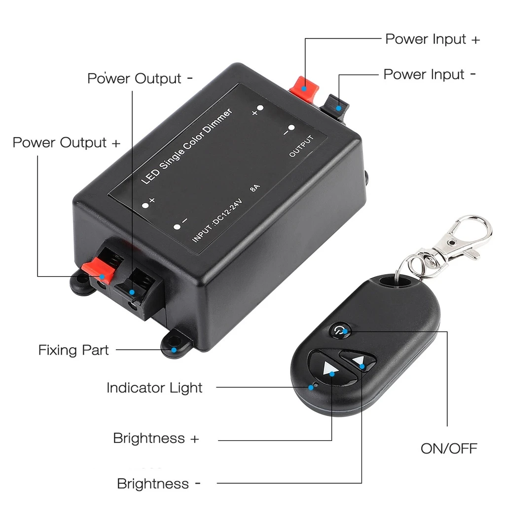 LED Strip Dimmer with Remote – 8A, 96W