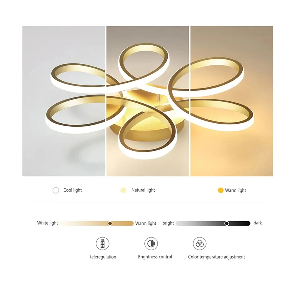 LED Chandelier 24W - Flower Type, Modern Design, 3 Color Settings (Cool White, Neutral, Warm), 30 cm, Gold