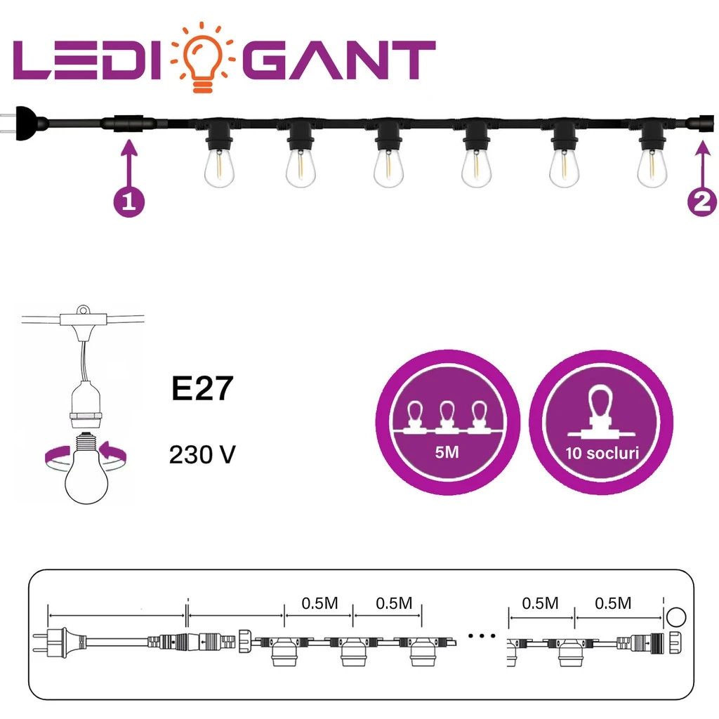 String light, 5m, interconnectable, E27 socket, IP65