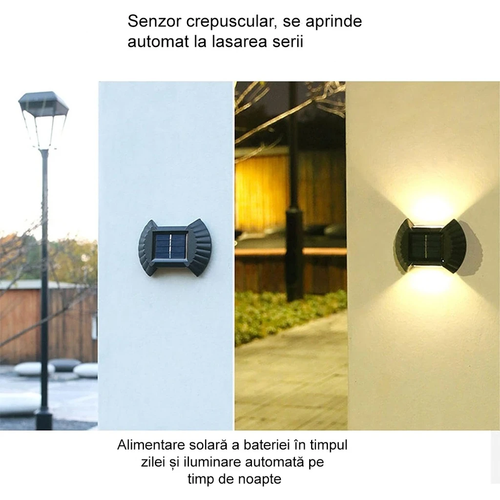 Solar LED bidirectional wall light, 8 LEDs, plastic material, IP65, 10 x 7.5 cm, 1.2 V battery, 300 mAh, warm white 3500k