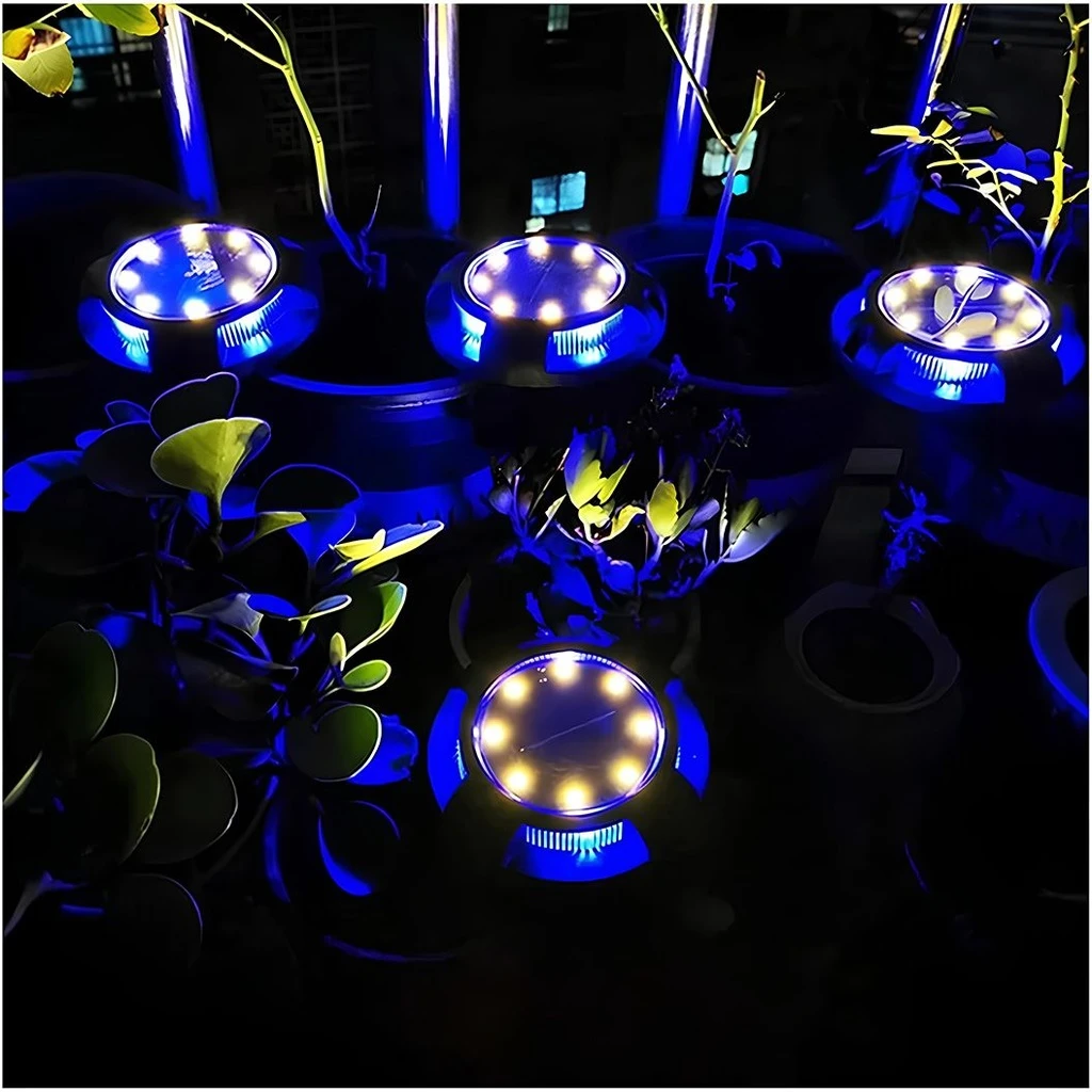 Solar LED spot lamp for garden, with 4 multi-colored side LEDs and 8 warm white main LEDs, IP65, ABS material, 2V battery, 700 mah, 11x13.5 cm, Black