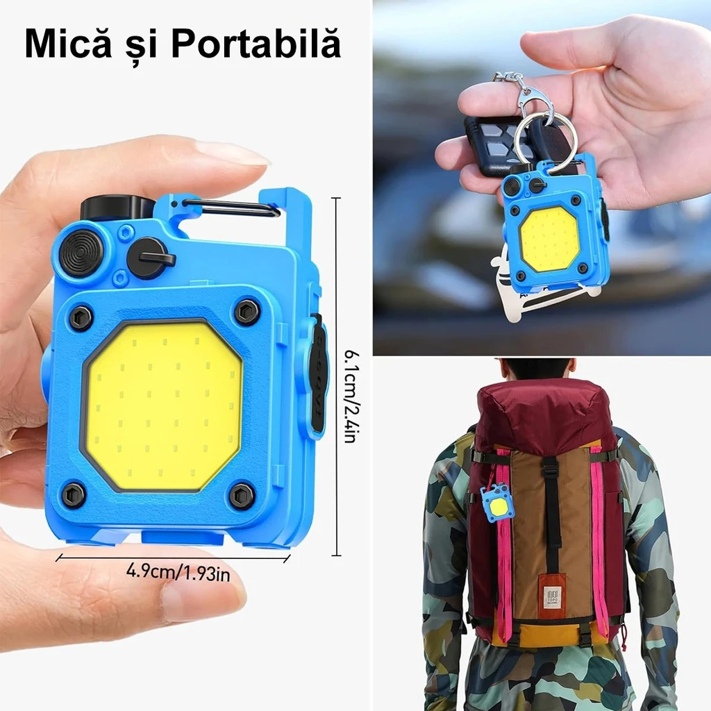 Mini Keychain Pocket Flashlight, USB Type C Charging, Multifunctional, for Outdoor, Camping, Mountain, Cycling, 6.1 x 5 x 2.5 cm, Strong Light, Blue Color