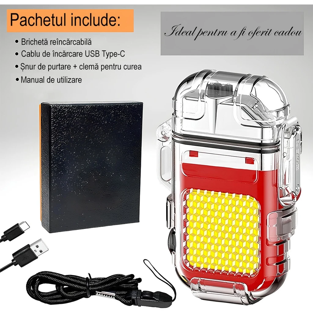 Keychain Flashlight with Lighter, Waterproof, 3 Lighting Modes, 300 mAh, USB Type C Charging, COB, Range 50 - 100 m, 7.4 x 4.9 x 1.7 cm, Red