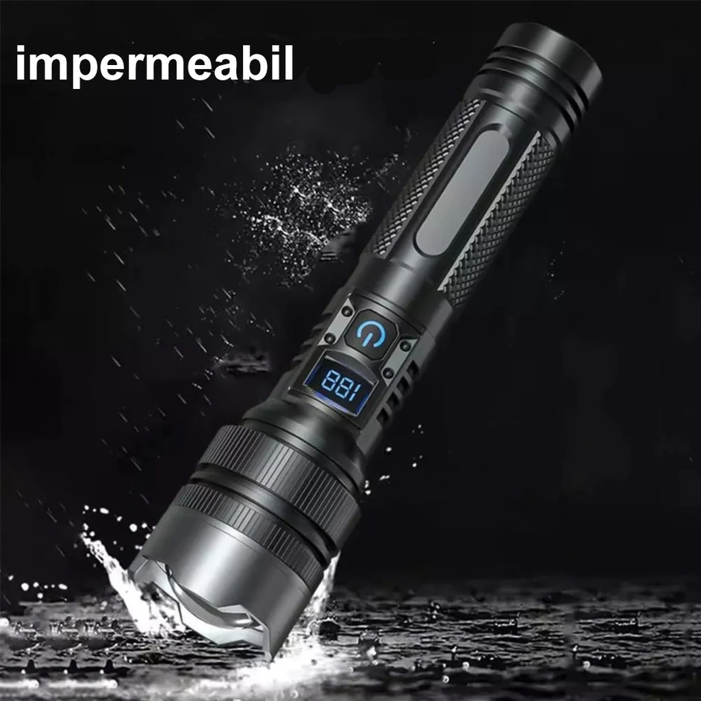 LED Flashlight with Power Bank, USB Charging, 200m Range, 10W, T6 Telescopic Model, Zoom Function and Phone Charging, 1800 mAh, Black