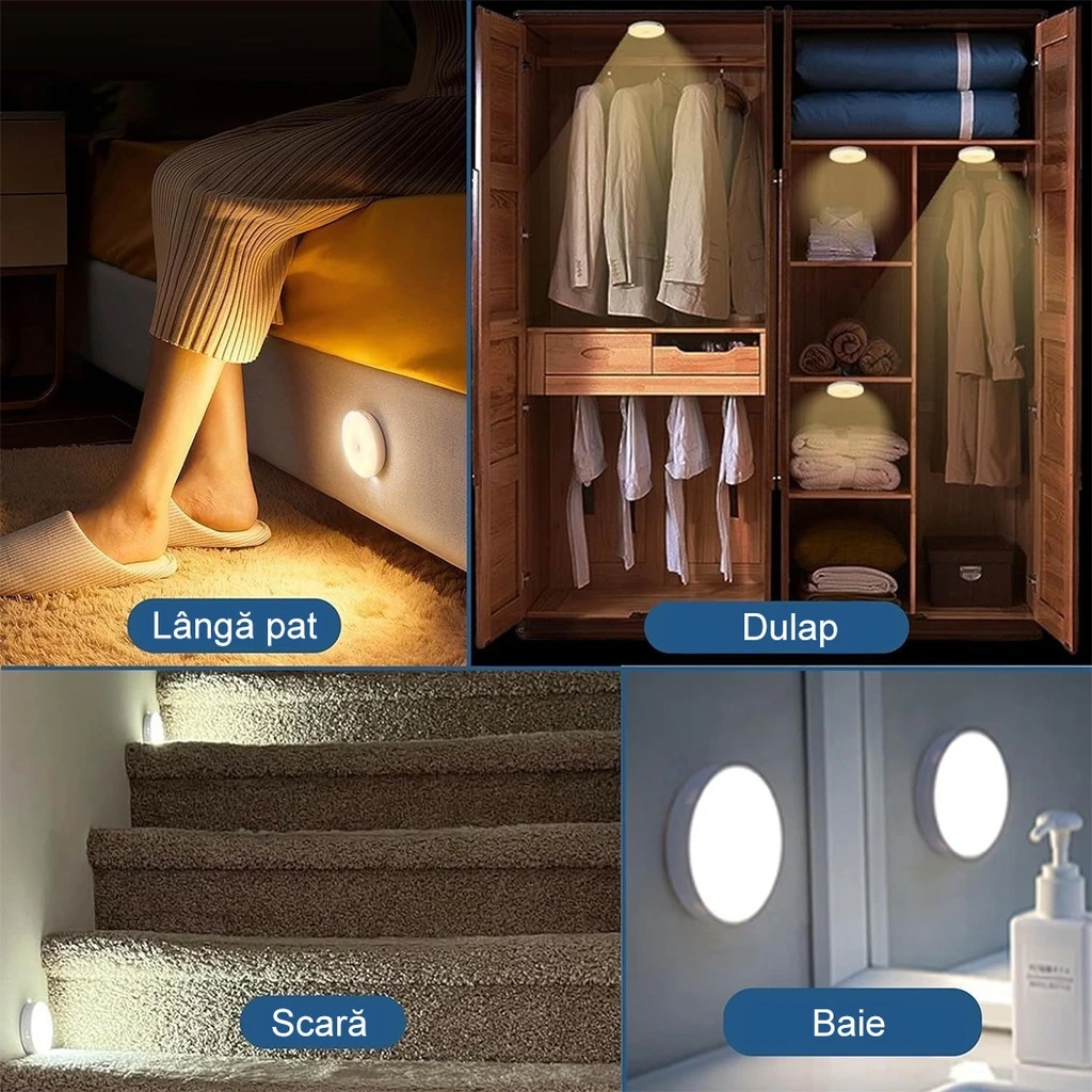 LED Night Light with Motion Sensor, Cold White Light, USB Charging, On/Off/Auto Switch, 0.6W, 300mAh, Round Design, White, 8.5x2.3 cm