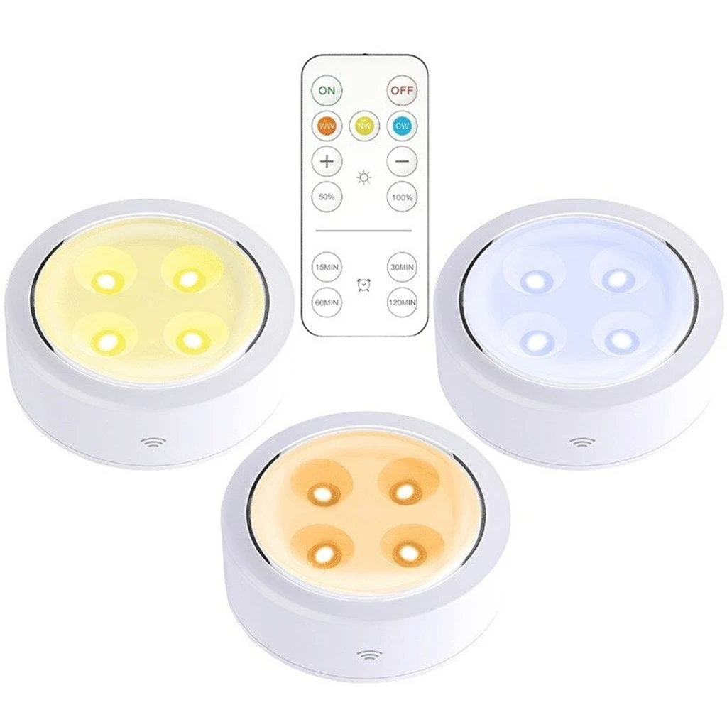6 LED Lamps Set, Wireless, Battery Operated, 3 Light Colors, 2 Remote Controls, Plastic, White 