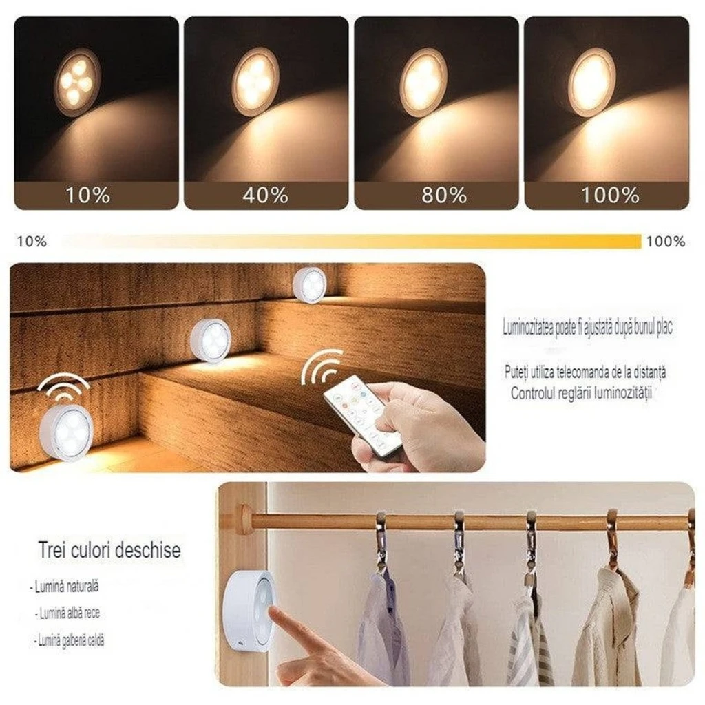 6 LED Lamps Set, Wireless, Battery Operated, 3 Light Colors, 2 Remote Controls, Plastic, White 