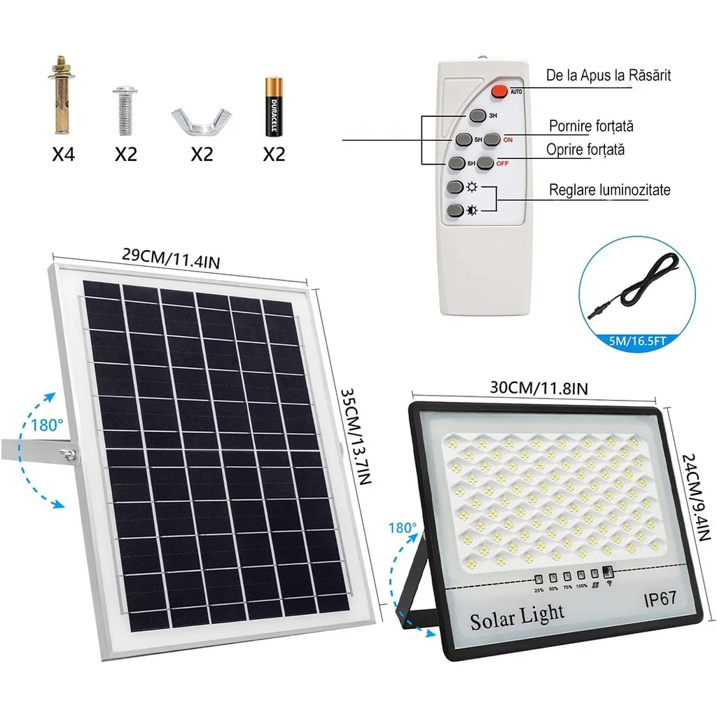 Set of 2 LED floodlights with Solar Panel, with Motion Sensor, Remote Control, Waterproof IP67, 322*2 built-in LEDs, 200W, 30x24 cm, Modern Design, Black