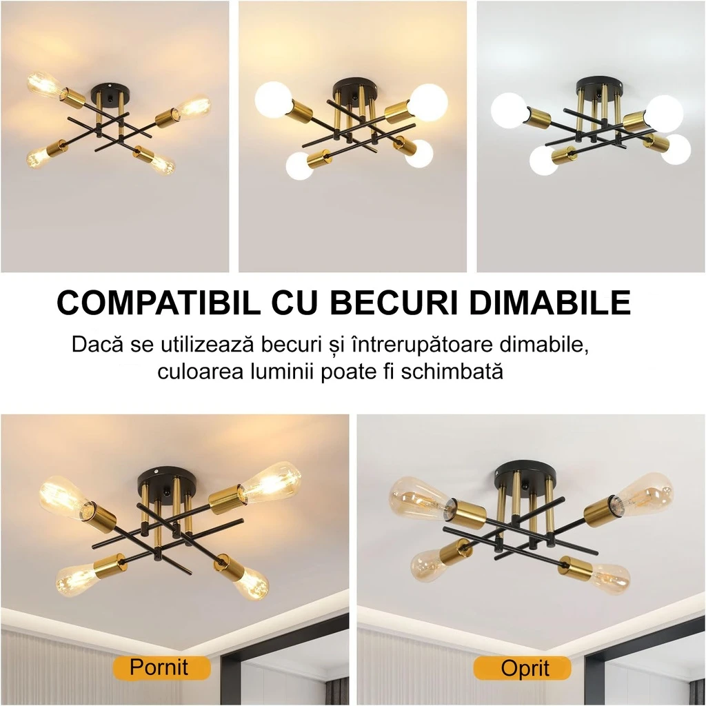 Iron ceiling light, Goeco, Retro, Four heads 46*46*15, Cup light fixture, E27, 220V, Black/Gold 