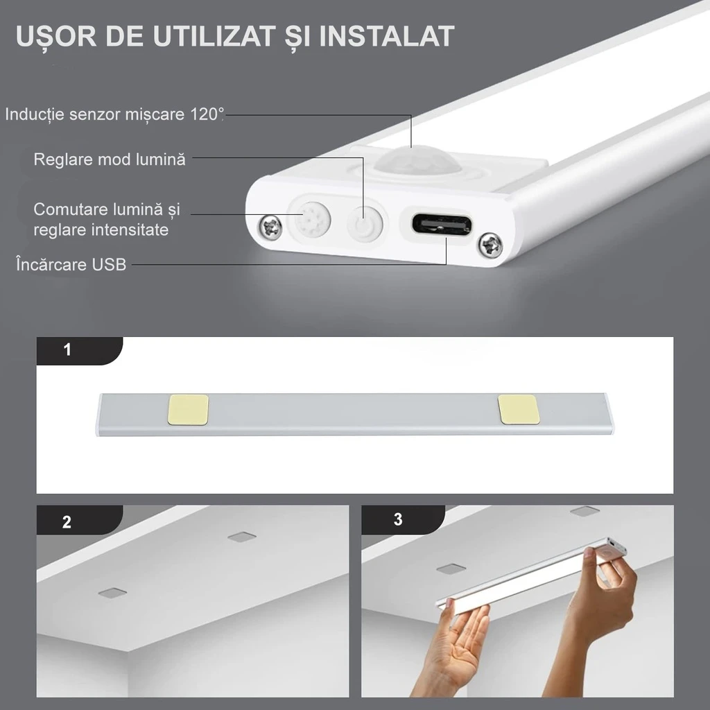 Smart LED Lamp with sensor, Portable, Motion sensor, 3 color temperatures CCT, adjustable intensity, USB Charging, Aluminum, 2 working modes, 40cm, Silver