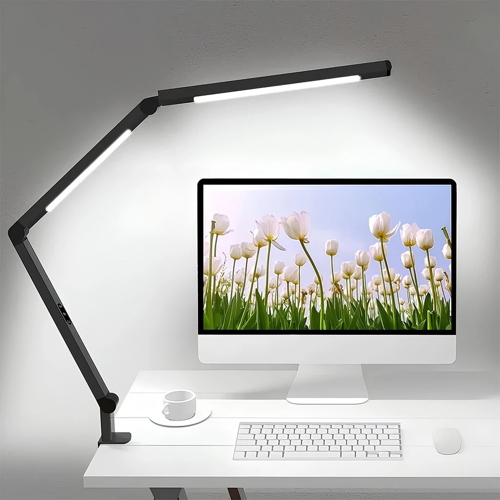 Dual LED Desk Lamp, Eye Protection, 5 intensity levels, 4 color temperatures 3000k-6500k, foldable, no flicker, aluminum material, 12W, 700 lumens, Black
