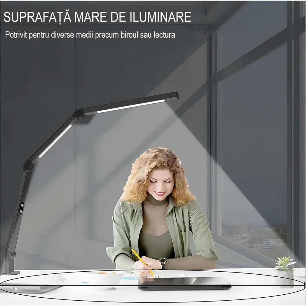 Dual LED Desk Lamp, Eye Protection, 5 intensity levels, 4 color temperatures 3000k-6500k, foldable, no flicker, aluminum material, 12W, 700 lumens, Black