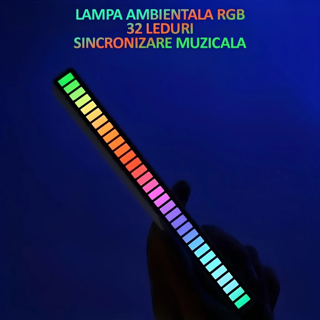 RGB LED Light Bar with Music Sync – 32 LEDs, Sound Sensor, 17 Colors, Multiple Modes, Brightness & Speed ​​Adjustment, USB-C Power Supply, Black