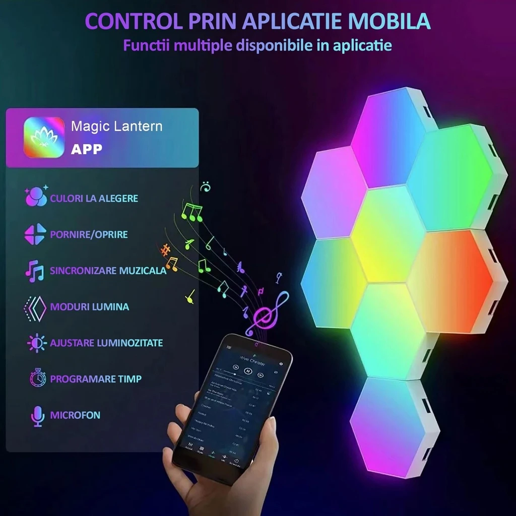 Set of 8 pcs hexagonal RGB LED modular wall lamps, App Control, remote control, multiple modes, music synchronization, microphone, timer, adjustable brightness