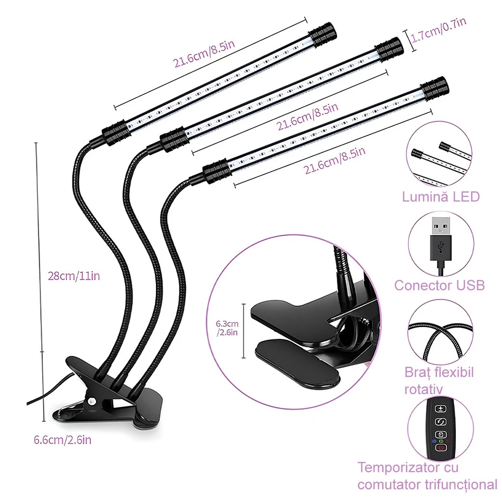 Full Spectrum UV Lamp for Plant Growth – 30W, 3 Flexible Arms, Timer, 9 Intensity Levels