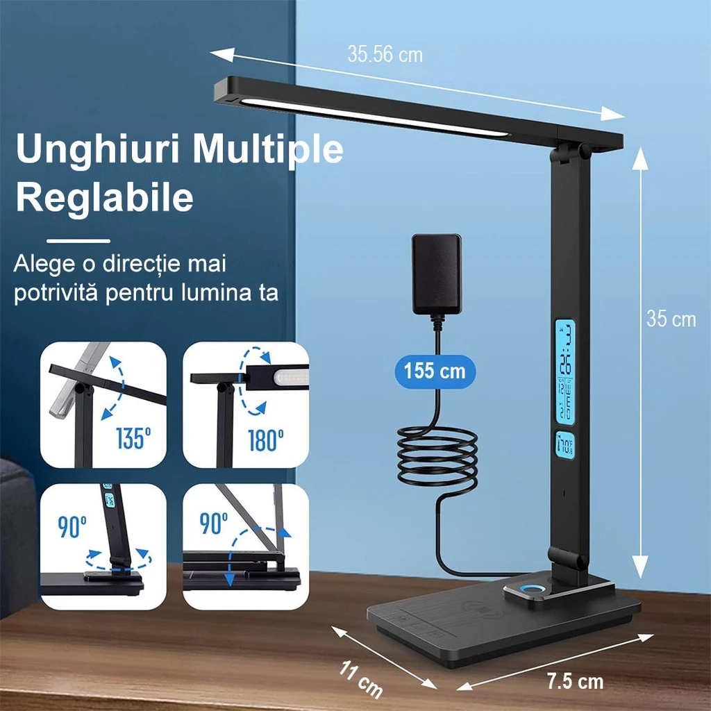 Business LED Desk Lamp – Eye Protection, Clock and Thermometer, 5 Color Temperatures (3000K-6000K), Foldable, No Flicker, Night Light, Wireless Phone Charging, Black