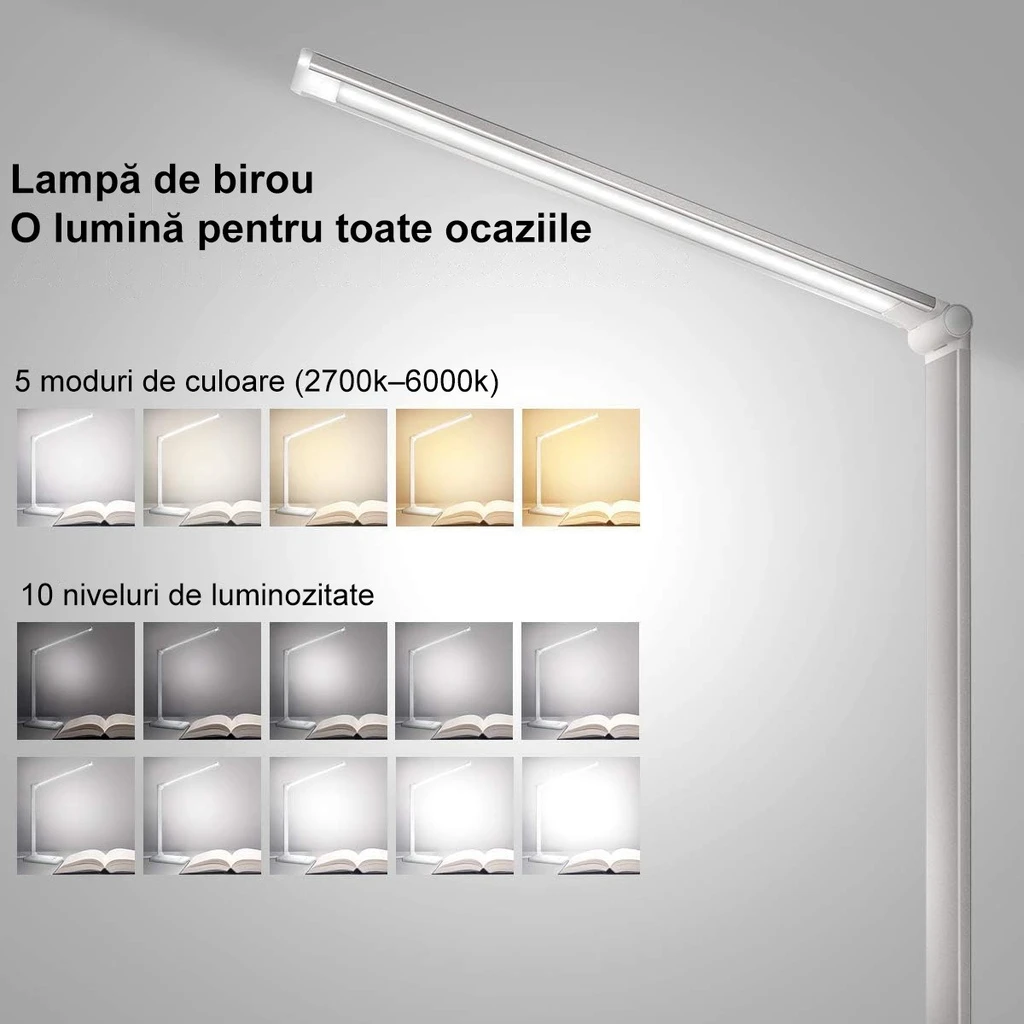 LED Desk Lamp, Eye Protection, 10 Intensity Levels, 5 Color Temperatures 3000k-5500k, Foldable, No Flicker, Aluminum, Wireless Phone Charging, Silver