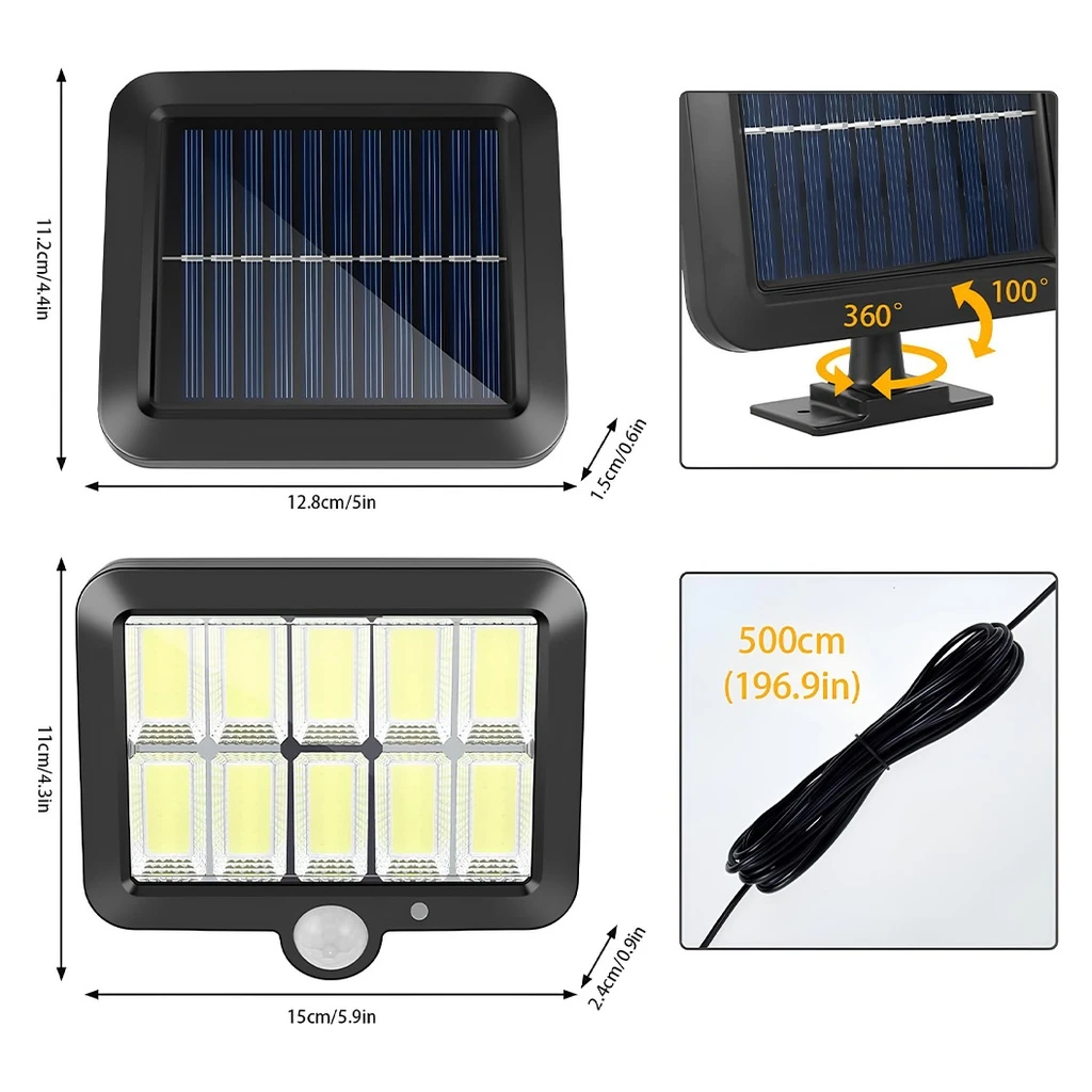 Solar LED Lamp with Remote Control – 120 COB LEDs, 10 Grids, Motion & Light Sensor, 1200mAh Battery, 260 lm, 5m Cable, Water Resistant, Black