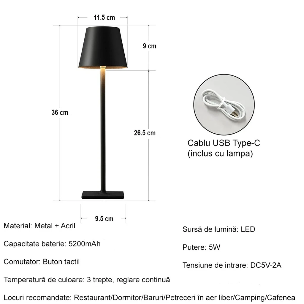 Set of 2 Rechargeable LED Table Lamps – Touch Control, 3 Color Temperatures (Warm/Neutral/Cool), Dimmable, 5W, 5200mAh Battery, Black