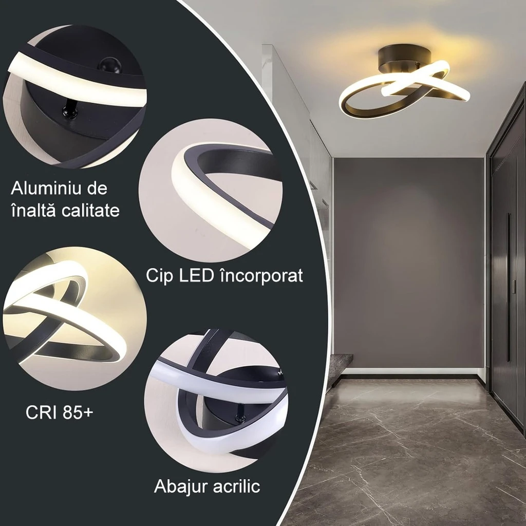 LED Chandelier 24W, 3 Color Temperature Settings (Cool White, Neutral, Warm), Modern Design, Black