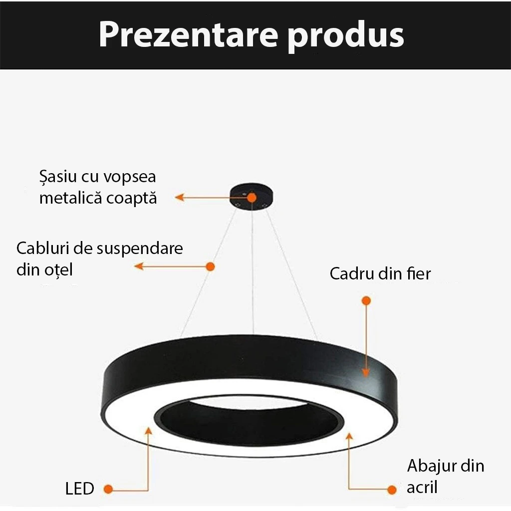 LED ceiling light 48W, round hollow, φ60 cm, 6500k, black