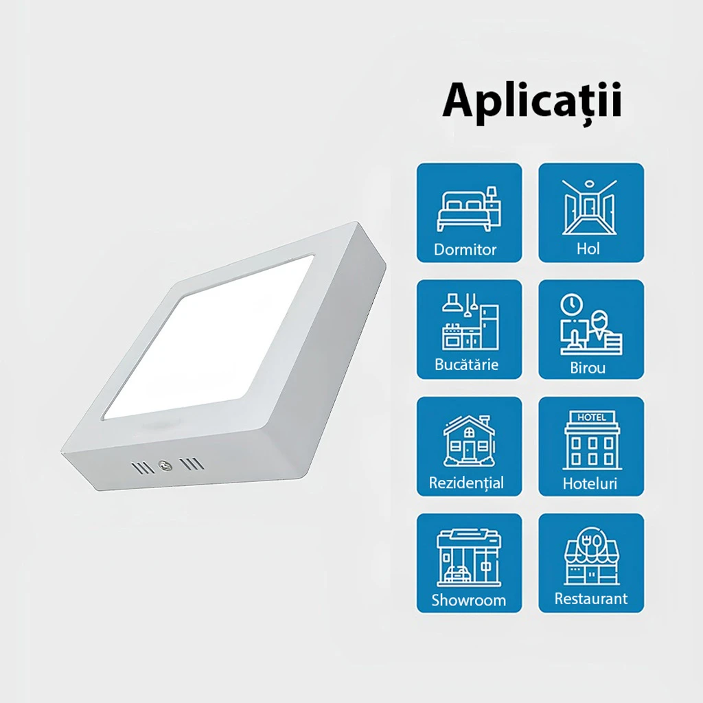 Square LED Ceiling light 12W, 16cm, 6500k, White, applied