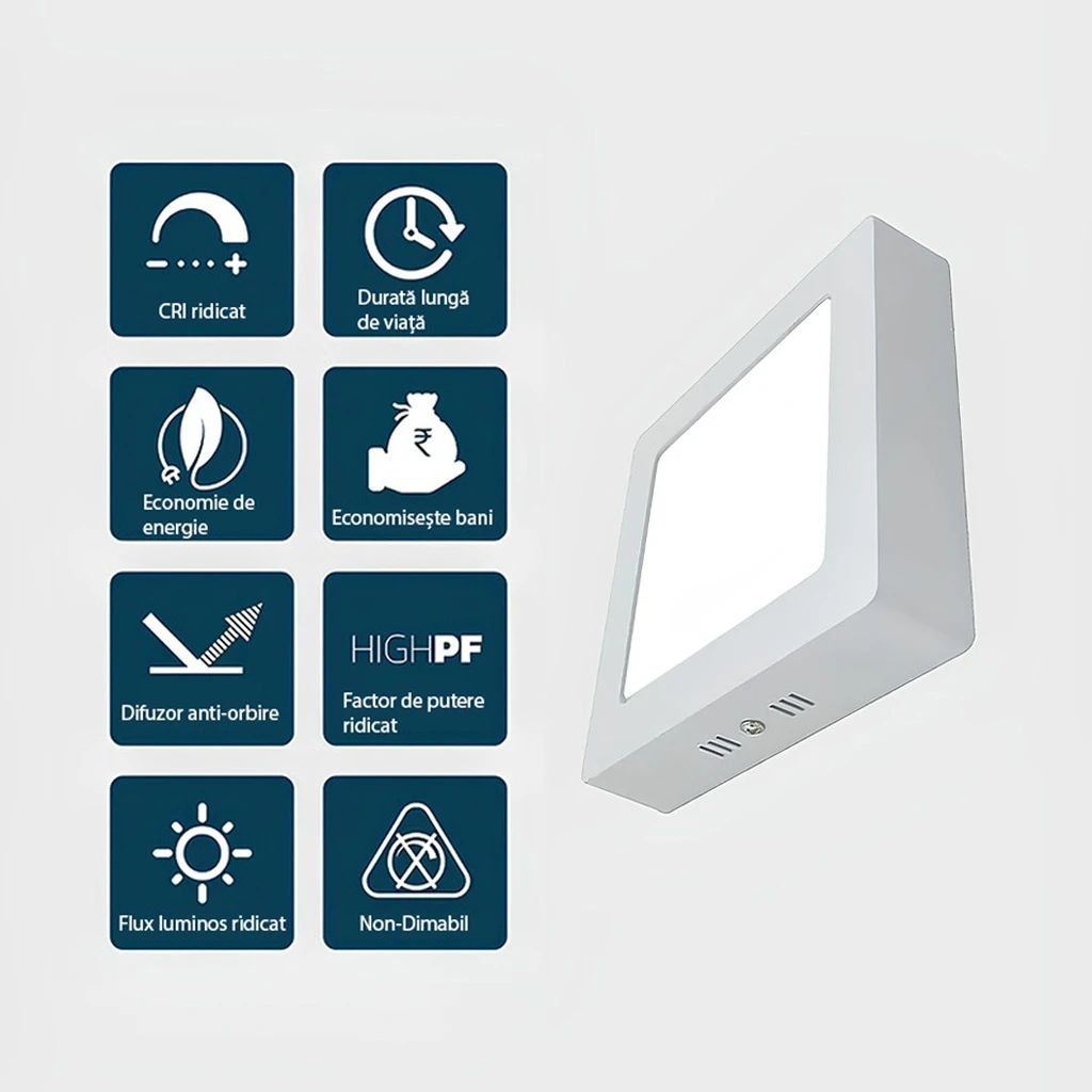 Square LED Ceiling light 18W, 21cm, 6500k, White, applied