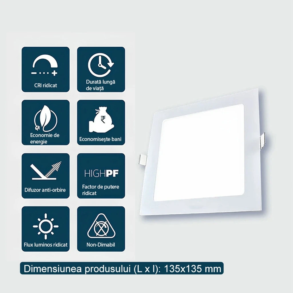 Spot LED 9W recessed square, 3500k, White, Encapsulated