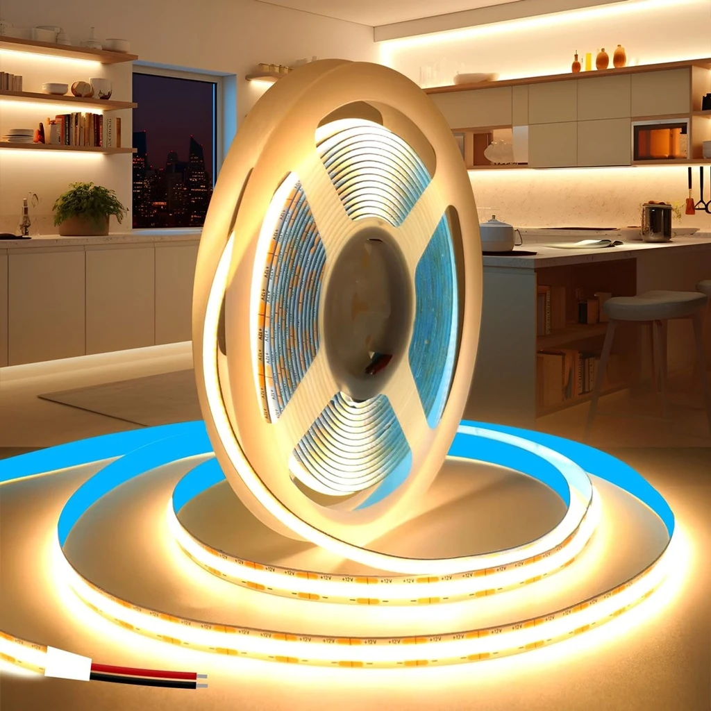 [LBZ-00468] Banda LED COB 12V, 320 LEDs/m – Lumina Alb-Cald, Interior IP20, Latime 8mm, Rola de 5 Metri