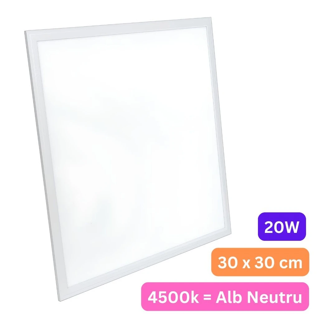 [LBZ-00002] Panou LED 30x30 cm, 20W, Lumina Neutra 4500K, Model Eco, Rama Argintie, Ideal pentru Tavan Fals, Incastrat