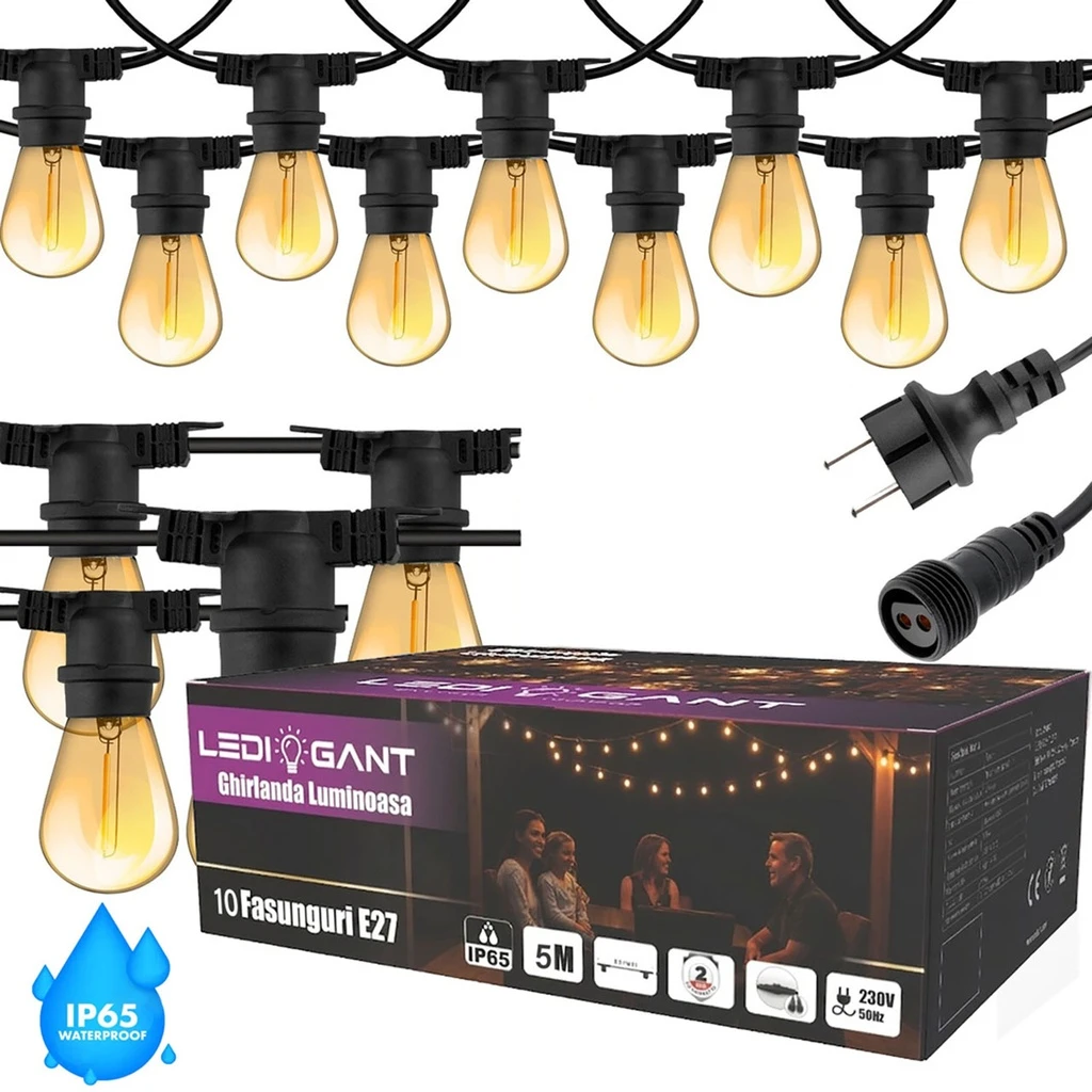 [COMBO-00181-187] Ghirlanda luminoasa LED 5m , 10 becuri incluse (E27), interconectabila, IP65, pentru terasa, gradina si evenimente